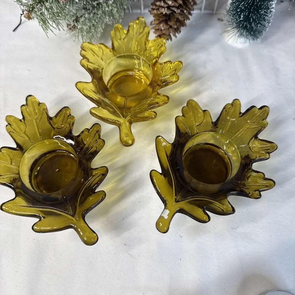 Fall Leaf Glass Votive Candle Holders Gold/Green Set of 3. Vintage